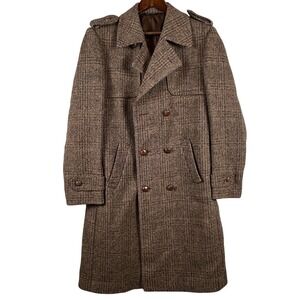 VTG Webster Mens 42 Wool Tweed Trench Coat Brown Double Breasted Herringbone FLW
